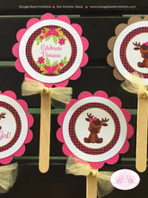 Load image into Gallery viewer, Little Moose Baby Shower Cupcake Toppers Forest Pink Girl Woodland Animals Calf Party Plaid Flowers Boogie Bear Invitations Viviana Theme