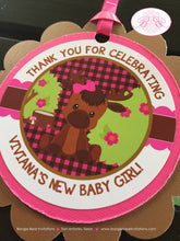 Load image into Gallery viewer, Little Moose Baby Shower Favor Tags Pink Forest Girl Woodland Animals Calf Party Lumberjack Plaid Fall Boogie Bear Invitations Viviana Theme
