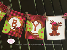 Load image into Gallery viewer, Girl Moose Baby Shower Party Banner Birthday Welcome Pink Forest Woodland Animal Calf Lumberjack Plaid Boogie Bear Invitations Viviana Theme