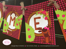 Load image into Gallery viewer, Girl Moose Baby Shower Party Banner Birthday Welcome Pink Forest Woodland Animal Calf Lumberjack Plaid Boogie Bear Invitations Viviana Theme