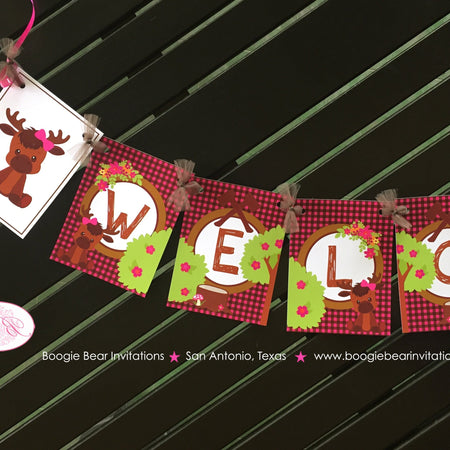 Girl Moose Baby Shower Party Banner Birthday Welcome Pink Forest Woodland Animal Calf Lumberjack Plaid Boogie Bear Invitations Viviana Theme