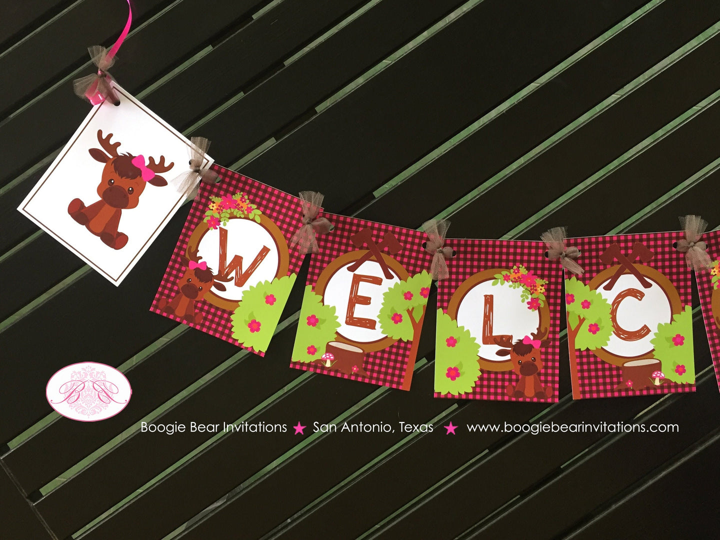 Girl Moose Baby Shower Party Banner Birthday Welcome Pink Forest Woodland Animal Calf Lumberjack Plaid Boogie Bear Invitations Viviana Theme