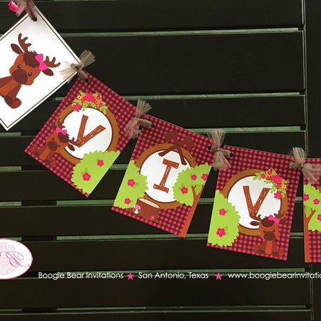 Little Moose Baby Shower Party Banner Birthday Pink Girl Forest Woodland Animals Calf Plaid Flowers Boogie Bear Invitations Viviana Theme