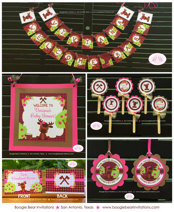 Girl Moose Baby Shower Party Package Pink Girl Forest Woodland Animals Calf Lumberjack Plaid Birthday Boogie Bear Invitations Viviana Theme
