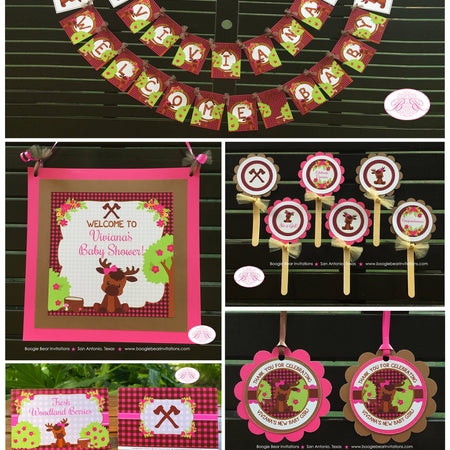 Girl Moose Baby Shower Party Package Pink Girl Forest Woodland Animals Calf Lumberjack Plaid Birthday Boogie Bear Invitations Viviana Theme