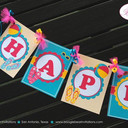 Flip Flop Pool Happy Birthday Banner Party Pink Yellow Teal Blue Girl Swimming Beach Ball Splash Bash Boogie Bear Invitations Aubrey Theme