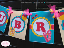 Load image into Gallery viewer, Flip Flop Pool Birthday Party Banner Name Pink Yellow Teal Blue Girl Swimming Beach Ball Splash Bash Boogie Bear Invitations Aubrey Theme
