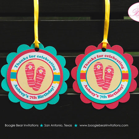 Flip Flop Birthday Party Pool Favor Tags Pink Yellow Teal Blue Girl Swimming Beach Ball Splash Bash Kid Boogie Bear Invitations Aubrey Theme