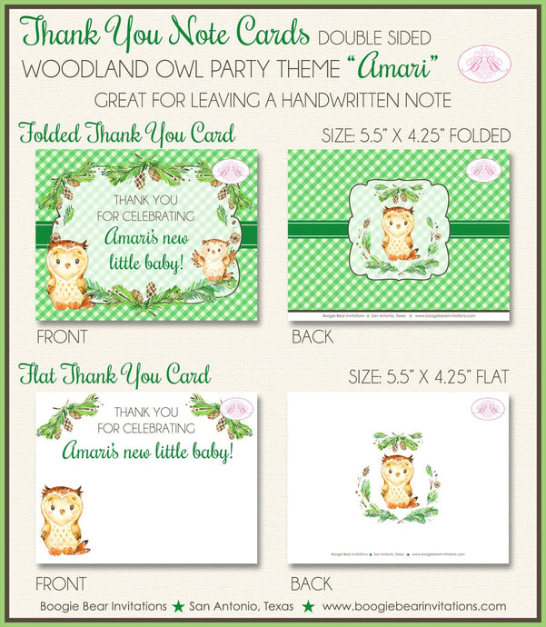 Woodland Owl Thank You Card Baby Shower Boy Girl Green Brown Bird Animals Forest Woodland Animal Boogie Bear Invitations Amari Theme Printed