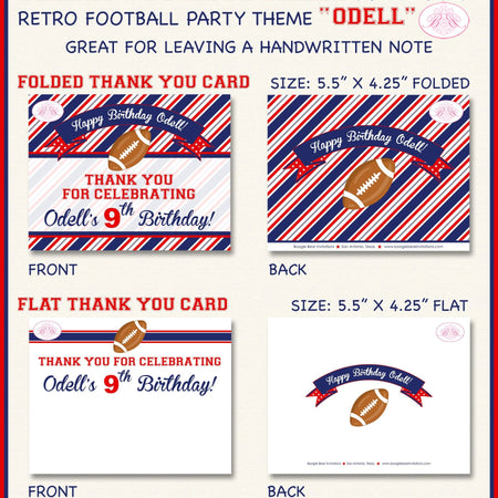 Football Birthday Party Thank You Card Retro Red Navy Grey Blue Touchdown Sports Boy Girl Game Boogie Bear Invitations Odell Theme Printed