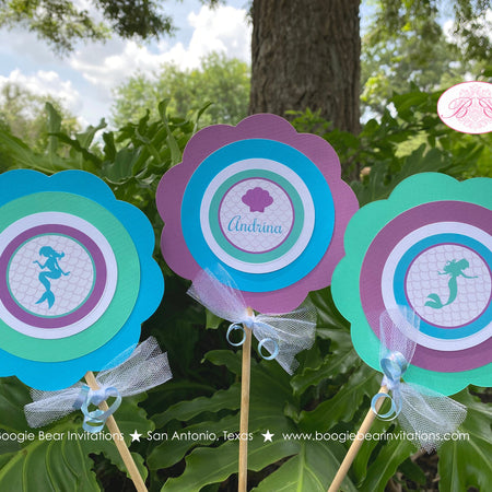 Mermaid Pool Birthday Centerpiece Set Party Girl Swimming Purple Teal Aqua Turquoise Blue Ocean Swim Boogie Bear Invitations Andrina Theme