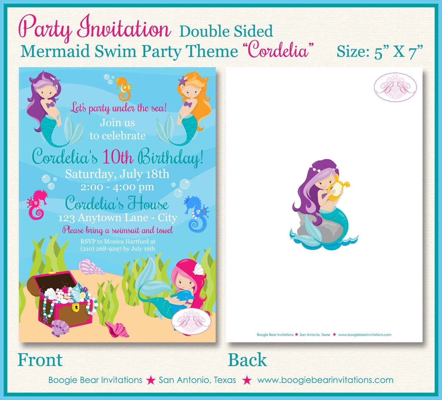 Mermaid Pool Birthday Party Invitation Pink Girl Under the Sea Swimmin –  Boogie Bear Invitations