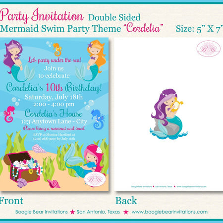 Mermaid Pool Birthday Party Invitation Pink Girl Under the Sea Swimming Boogie Bear Invitations Cordelia Theme Paperless Printable Printed
