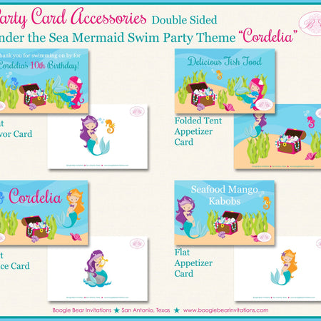 Mermaid Birthday Party Favor Card Appetizer Place Girl Pool Swimming Under the Sea Splash Ocean Swim Boogie Bear Invitations Cordelia Theme
