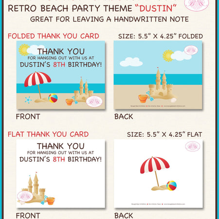 Beach Birthday Party Thank You Card Note Retro Ocean Swim Swimming Pool Splash Bash Boy Girl Boogie Bear Invitations Dustin Theme Printed