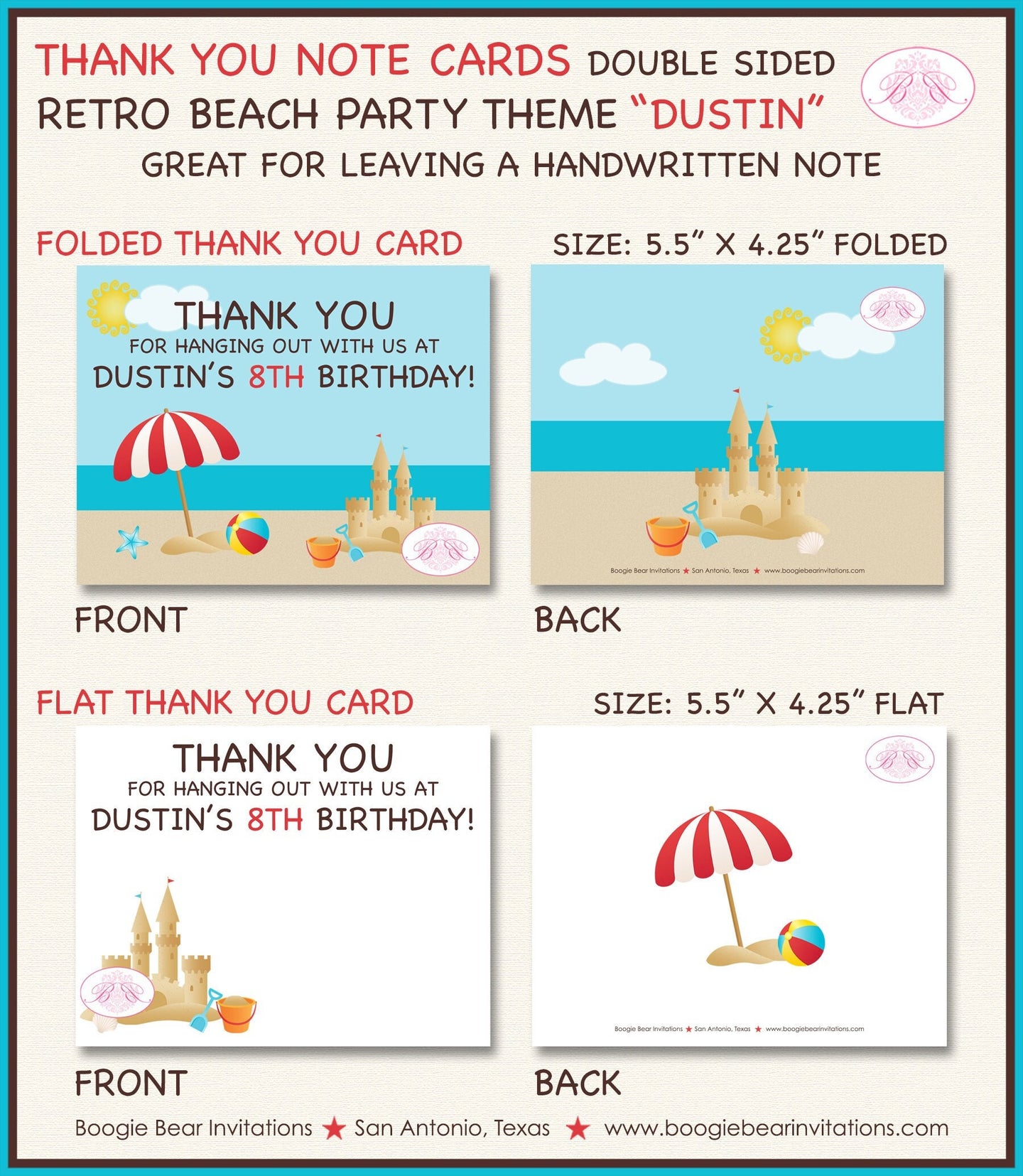 Beach Birthday Party Thank You Card Note Retro Ocean Swim Swimming Pool Splash Bash Boy Girl Boogie Bear Invitations Dustin Theme Printed