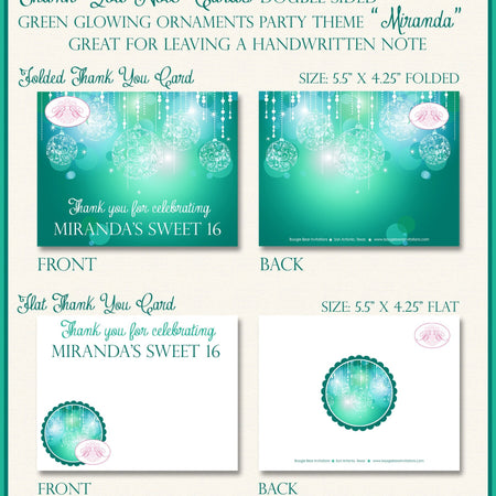 Green Glowing Ornament Party Thank You Cards Birthday Aqua Turquoise Green Blue Girl Teal Star Boogie Bear Invitations Miranda Theme Printed