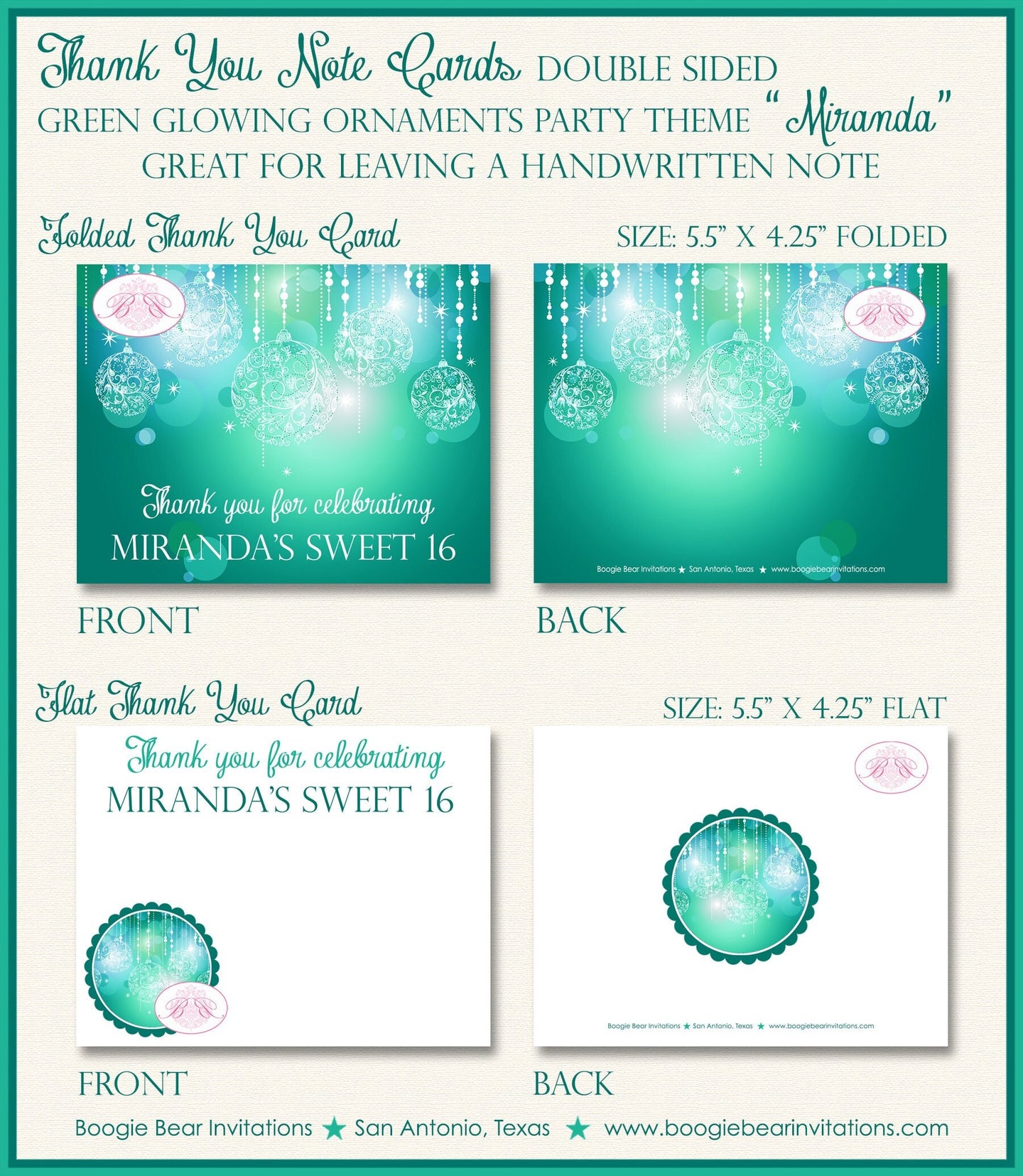 Green Glowing Ornament Party Thank You Cards Birthday Aqua Turquoise Green Blue Girl Teal Star Boogie Bear Invitations Miranda Theme Printed