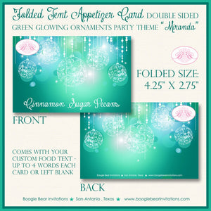 Green Glowing Ornament Birthday Party Favor Card Appetizer Food Place Sign Label Teal Aqua Turquoise Boogie Bear Invitations Miranda Theme