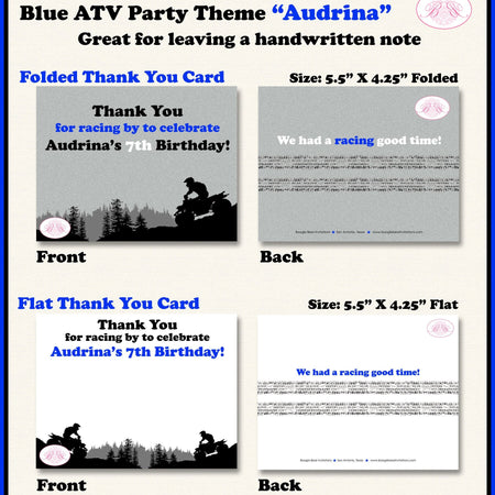 ATV Birthday Party Thank You Card Birthday Girl Boy Blue All Terrain Vehicle 4 Wheeler Quad Boogie Bear Invitations Audrina Theme Printed