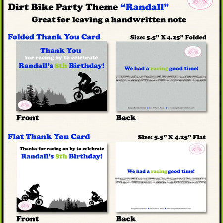Dirt Bike Birthday Party Thank You Card Note Blue Green Boy Girl Motocross Track Mountain Race Boogie Bear Invitations Randall Theme Printed