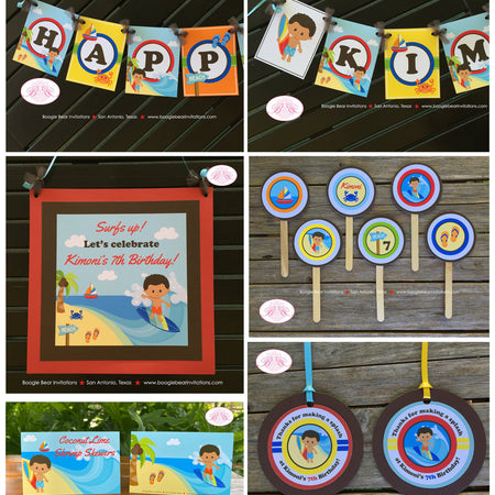 Surfer Boy Birthday Party Package Beach Ocean Swimming Surf Luau Pool Wave Ocean Hawaii Aloha Surfing Boogie Bear Invitations Kimoni Theme