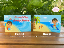 Load image into Gallery viewer, Surfer Boy Birthday Party Favor Card Tent Place Appetizer Food Sign Beach Pool Surfing Swimming Swim Boogie Bear Invitations Kimoni Theme