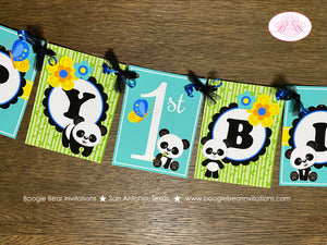 Blue Panda Bear Birthday Party Package Boy Tropical Jungle Green Black Butterfly Wild Zoo Animals Teddy Boogie Bear Invitations Justin Theme