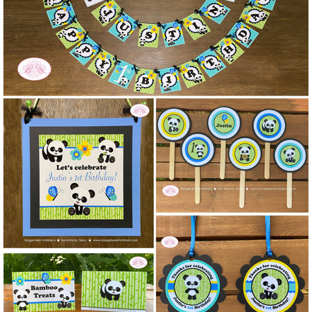 Blue Panda Bear Birthday Party Package Boy Tropical Jungle Green Black Butterfly Wild Zoo Animals Teddy Boogie Bear Invitations Justin Theme