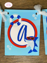 Load image into Gallery viewer, Shark Pool Birthday Party Name Banner Swimming Ocean Surf Beach Swim Boy Splash Fish Fins Girl Red Blue Boogie Bear Invitations Mano Theme