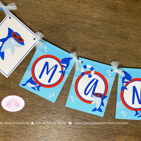 Shark Pool Birthday Party Name Banner Swimming Ocean Surf Beach Swim Boy Splash Fish Fins Girl Red Blue Boogie Bear Invitations Mano Theme