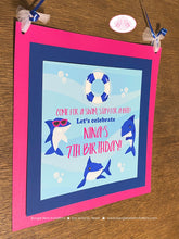 Load image into Gallery viewer, Pink Shark Pool Birthday Party Door Banner Swimming Ocean Surf Beach Swim Splash Bash Fish Fins Girl Blue Boogie Bear Invitations Nina Theme