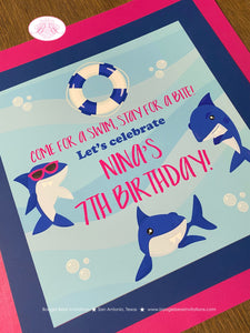 Pink Shark Pool Birthday Party Door Banner Swimming Ocean Surf Beach Swim Splash Bash Fish Fins Girl Blue Boogie Bear Invitations Nina Theme