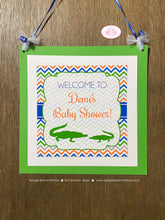 Load image into Gallery viewer, Alligator Crocodile Baby Shower Door Banner Party Birthday Gator Boy Girl Chevron Green Blue Orange White Boogie Bear Invitations Demi Theme