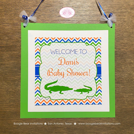 Alligator Crocodile Baby Shower Door Banner Party Birthday Gator Boy Girl Chevron Green Blue Orange White Boogie Bear Invitations Demi Theme