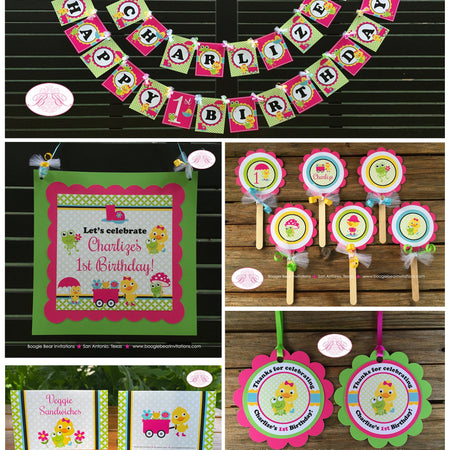 Frog Duck Birthday Party Package Girl Pink Spring Flowers Gardening Green Rain Boots Chick Pond Wagon Boogie Bear Invitations Charlize Theme
