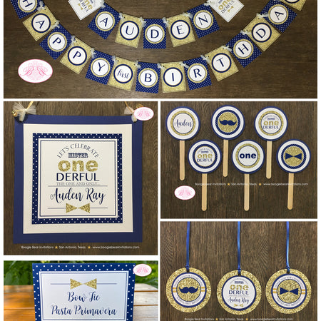 Mr. Wonderful Birthday Party Package Boy Little Man Glitter Gold Blue Navy White Onederful Banner 1st Boogie Bear Invitations Auden Theme