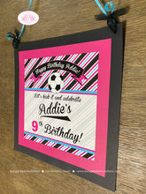 Load image into Gallery viewer, Soccer Door Banner Sign Birthday Party Girl Pink Blue Black Kick It Goal Sports Retro Team Winner Trophy Boogie Bear Invitations Addie Theme