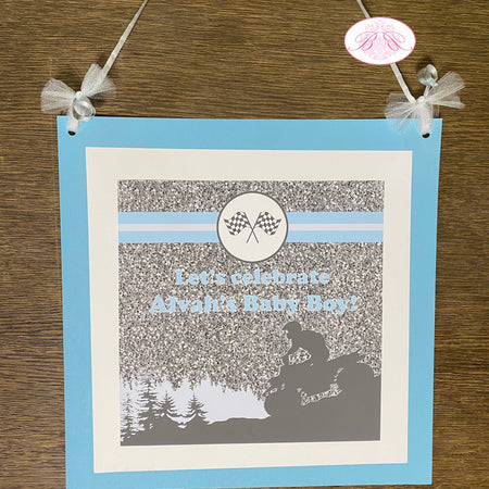 Blue ATV Baby Shower Door Banner Party Grey Gray Silver Glitter Boy Checkered Flag Race Stripe Quad Mud Boogie Bear Invitations Alvah Theme