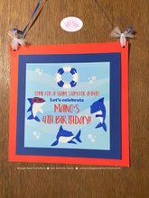 Load image into Gallery viewer, Shark Pool Birthday Party Door Banner Swimming Ocean Surf Beach Swim Splash Bash Fish Fins Red Blue Chomp Boogie Bear Invitations Mano Theme