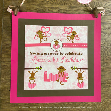 Pink Monkey Birthday Party Door Banner Love Valentine's Day Girl Brown Heart Little Wild Jungle Zoo Kids Boogie Bear Invitations Aimee Theme