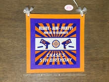 Load image into Gallery viewer, Foam Dart Gun Door Banner Sign Birthday Party Orange Blue Bullseye Target Practice Play Game Boy Girl Boogie Bear Invitations Chase Theme