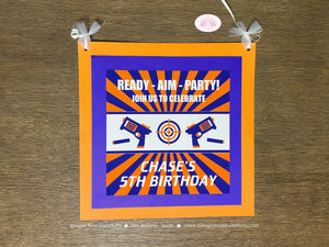 Foam Dart Gun Door Banner Sign Birthday Party Orange Blue Bullseye Target Practice Play Game Boy Girl Boogie Bear Invitations Chase Theme