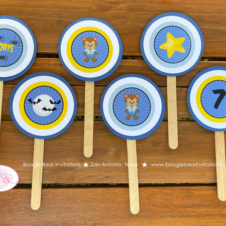 Werewolf Boy Party Cupcake Toppers Birthday Halloween Blue Black Spider Bat Howl Wolf Pack Full Moon Tag Boogie Bear Invitations Boris Theme