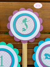 Load image into Gallery viewer, Mermaid Birthday Party Cupcake Toppers Pool Purple Aqua Blue Swimming Splash Under The Sea Fish Ocean Boogie Bear Invitations Andrina Theme
