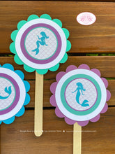 Load image into Gallery viewer, Mermaid Birthday Party Cupcake Toppers Pool Purple Aqua Blue Swimming Splash Under The Sea Fish Ocean Boogie Bear Invitations Andrina Theme