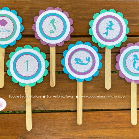 Mermaid Birthday Party Cupcake Toppers Pool Purple Aqua Blue Swimming Splash Under The Sea Fish Ocean Boogie Bear Invitations Andrina Theme