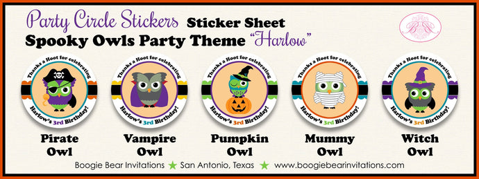 Halloween Owls Party Stickers Circle Sheet Birthday Spooky Boy Girl Pumpkin Witch Pirate Vampire Mummy Boogie Bear Invitations Harlow Theme
