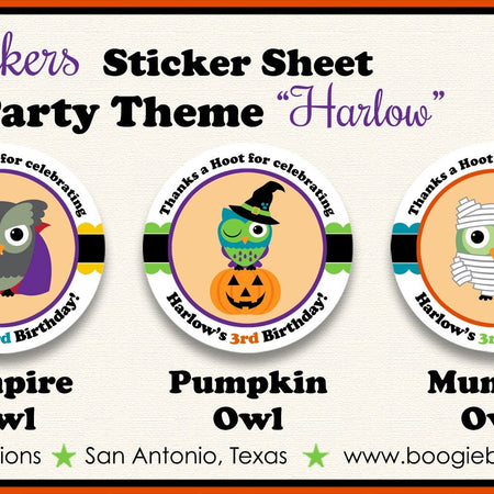 Halloween Owls Party Stickers Circle Sheet Birthday Spooky Boy Girl Pumpkin Witch Pirate Vampire Mummy Boogie Bear Invitations Harlow Theme