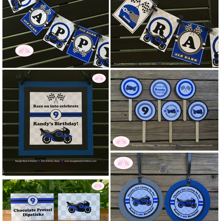 Motorcycle Blue Birthday Party Package Boy Girl Motocross Grand Prix Black Grey Pass Race Racing Track Boogie Bear Invitations Randy Theme